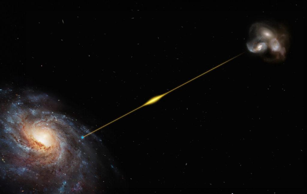 Illustration of radio waves going from one galaxy to the next